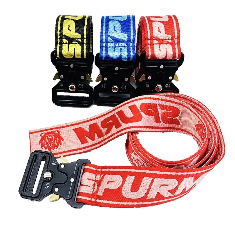 Factory Custom Logo Jacquard Woven Belt Quick Release Metal Buckle Outdoor Polyester Nylon Fabric Tactical Mens Webbing Belt MegaBDM