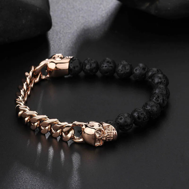 Best Sale Trendy Natural Bead Stone Stainless Steel Skull Lava Beads Men Bracelet CZ 8mm Disco Ball Charms Bracelets Rose Gold