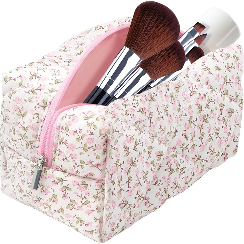 Custom Eco-Friendly  Vintage Soft Floral Pleated Cotton Colorful Travel Cute Flower Cosmetic Zippered Pouch Make up Bag