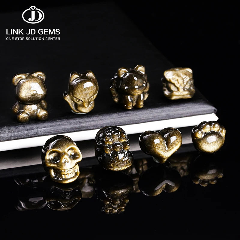 JD Natural Stone Gold Obsidian Carved Bead Nine-Tailed Fox Pixiu Flower Skull Shape Charm Beads With Hole for Jewelry Making