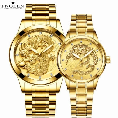 FNGEEN S666 Couple Watch Luxury Dragon Clock Male Steel Business Casual Quartz Waterproof Watches Women Men Wrist Reloj Hombre