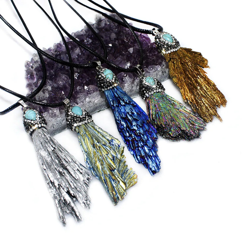 Wholesale Natural Black Tourmaline Pendant Necklace Jewelry Blue Stone Fan Shape Gemstone Necklace