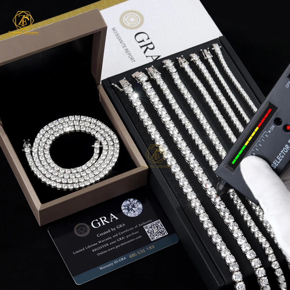 Hot Selling 925 VVS Moissanite Diamond Tennis Chain Bracelet Necklace Iced Out 2mm 3mm 4mm 5mm 6.5mm Sizes Available for Gift