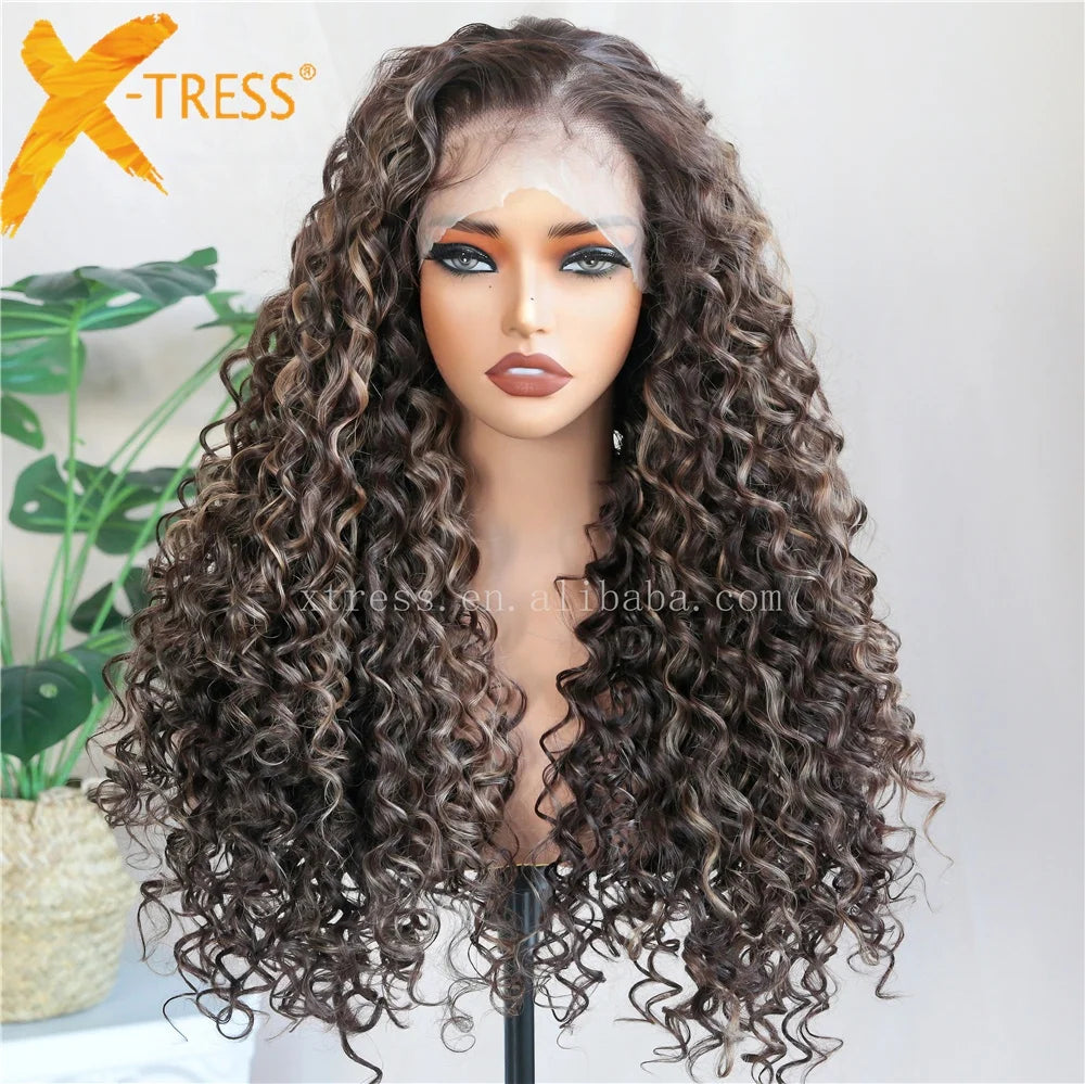 X-TRESS Synthetic Highlight Wig 6*13 HD Lace Front Glueless Wig Deep Kinky Synthetic Wig Heat Resistant Fiber for Black Women MegaBDM