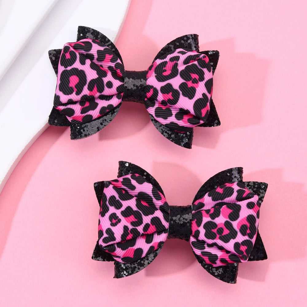 CN 3Inch Boutique Classic Glitter Hair Bow Ribbon Leopard Print Hair Clip for Little Kids Girls