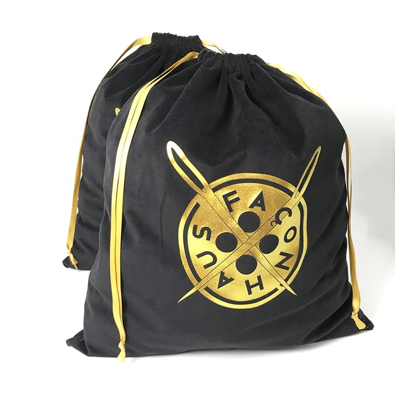 Drawstring Bags Custom Large Black Velvet Hair Bag With Gold Logo Printing Underwear Recyclable  Shoe Dust Pouch With Ribbon