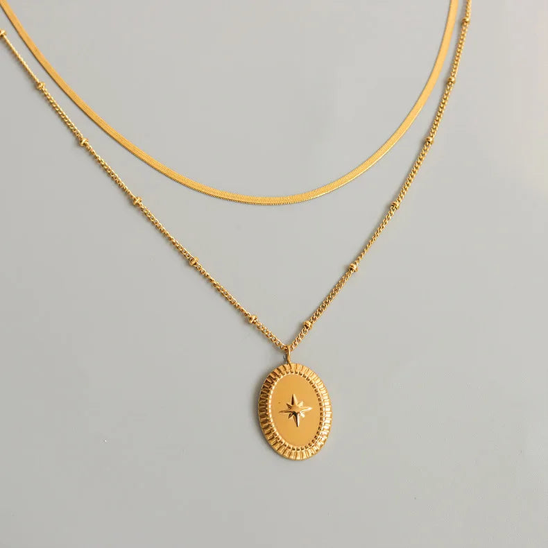 Tarnish free 18K Gold Plated antiallergic Stainless Steel Oval Pendant Double Layer North Star Necklace