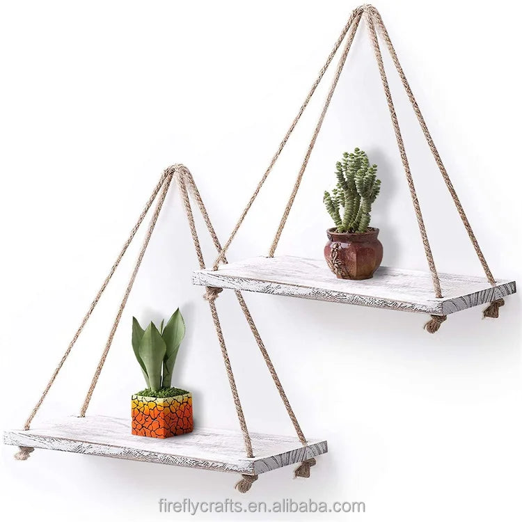 Solid Wood Floating Shelves with Wooden Rope Rustic Wall Hanging Shelves for Home Decor One Layer for Living Room Furniture