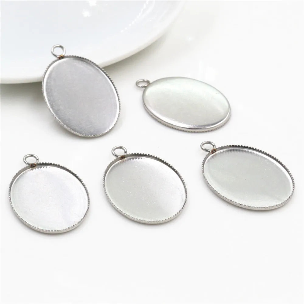 20pcs/pack 18x25mm Stainless Steel Oval Pendant Bezel Trays Cabochon Blank Base Cameo Setting DIY Necklace Jewelry Supplies
