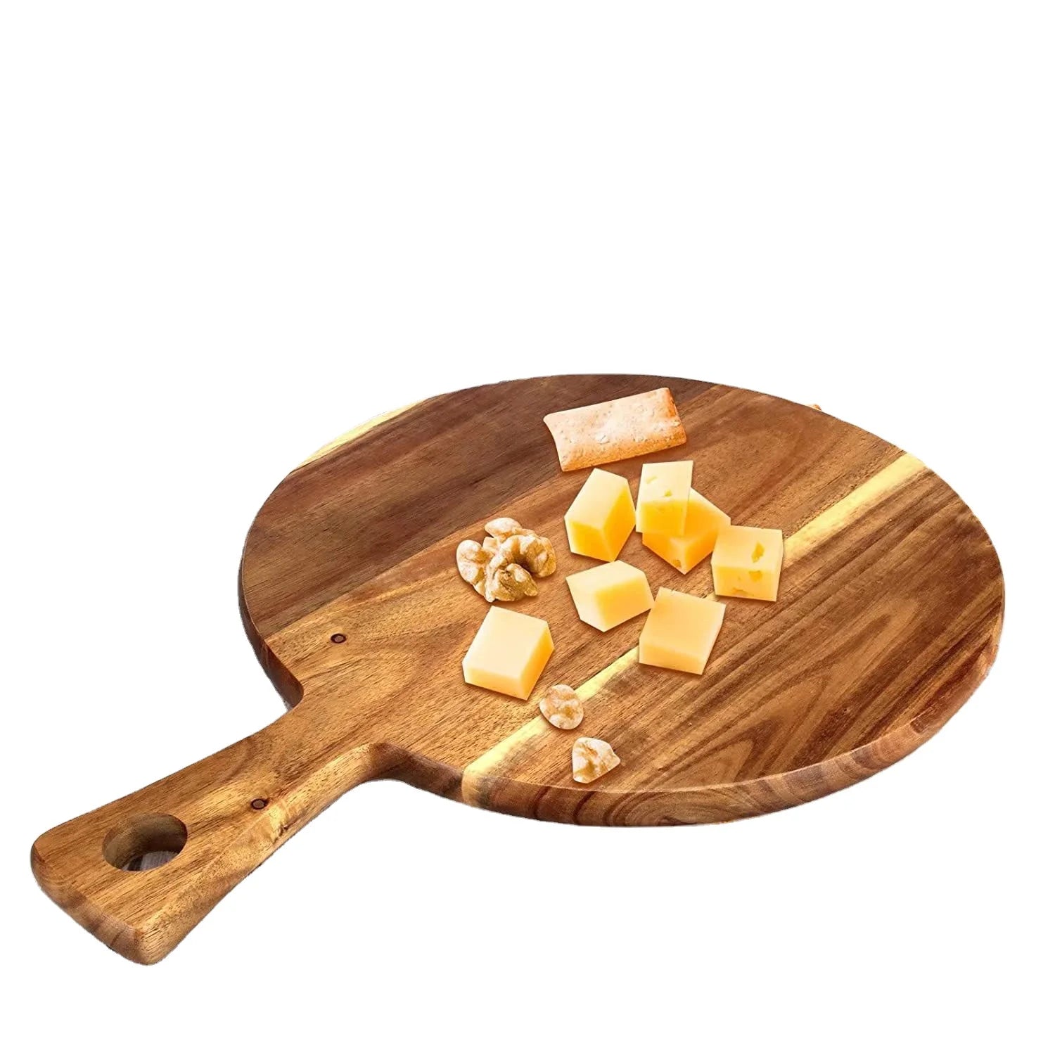 Large Acacia Wood  Rectangle Round Oil Coating Unvarnished Customizable Wooden Pizza Paddle Cutting Board with Handle