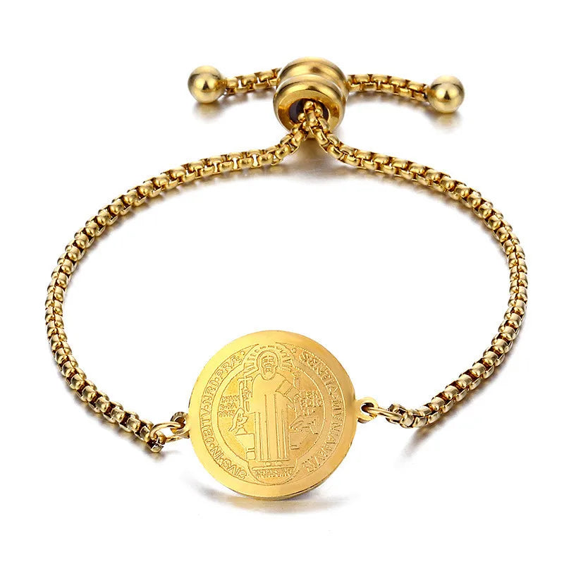 Adjustable Gold Color Catholic San Benito Bracelet Femme Stainless Steel Adjustable Jesus Medal Bracelets for Women Hand Jewelry