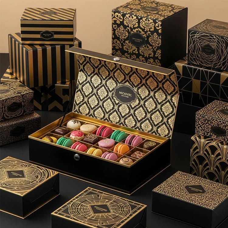 XJY Foldable Magnetic Closure Gift Packaging Boxes Luxury Black Gold Color Macaron Chocolate Gift Pack Boxes