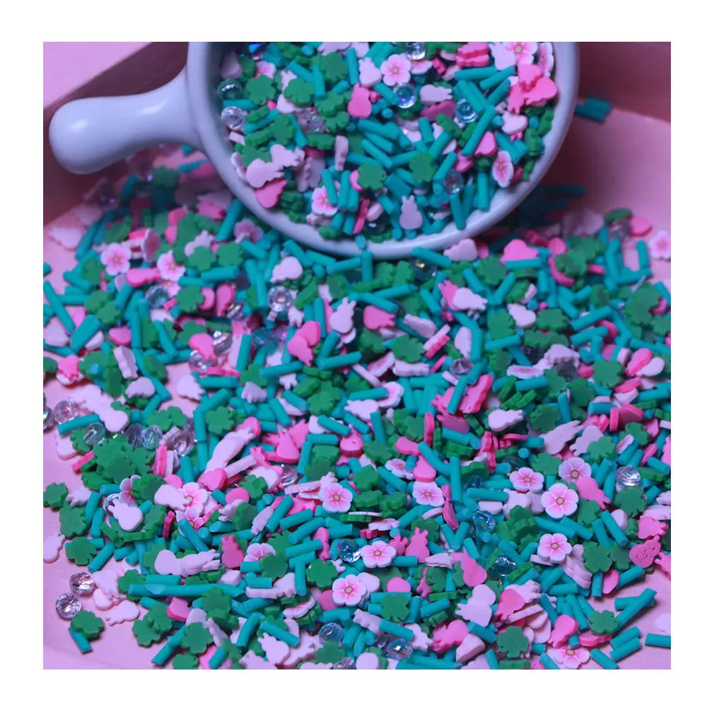 Clay Green Four Leaf Clover Flower Hat Rainbow Slices Sprinkles with Simulation Diamond Fit Mud Nail Accessory Slime Decor