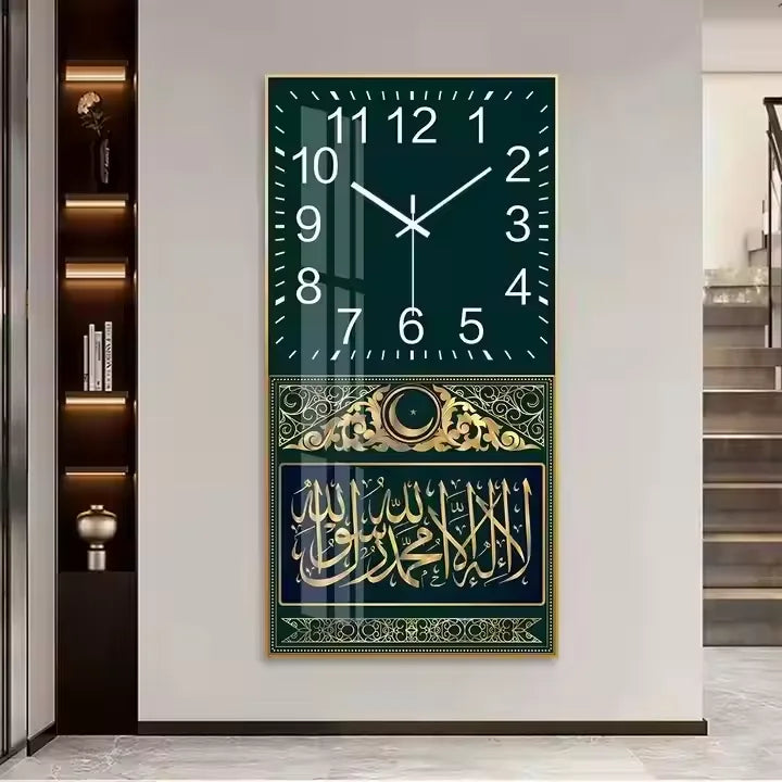 Home Decor Islamic Arabic Calligraphy Canvas Painting  Crystal Porcelain Glass Frame Clock Wall Clock Art Painting