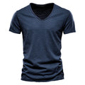 Men's Summer V-Neck Short-Sleeved 100% Cotton T-Shirt New Solid Color Slub Style Hot Selling in Europe and America