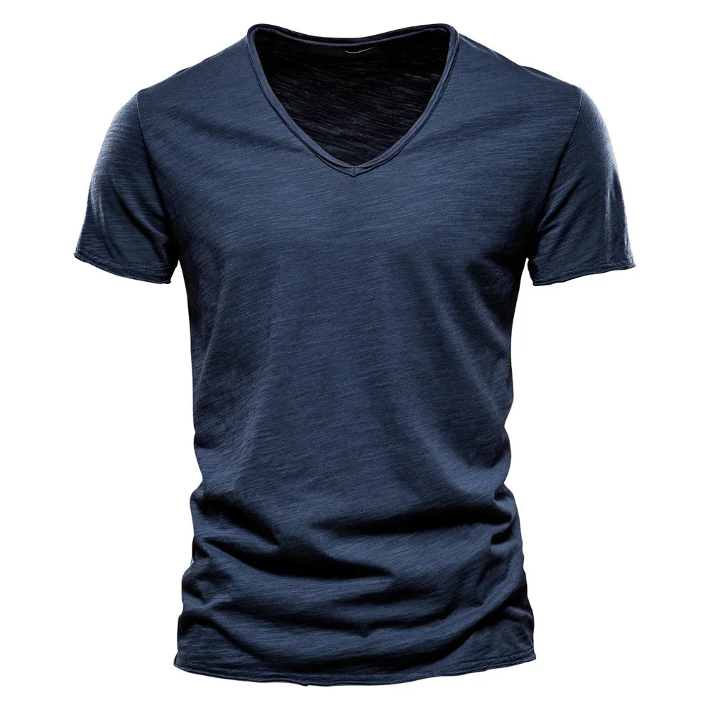Men's Summer V-Neck Short-Sleeved 100% Cotton T-Shirt New Solid Color Slub Style Hot Selling in Europe and America