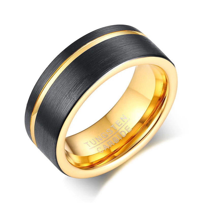 OAHLAN Customized 8mm Black Gold Brushed Groove Tungsten Ring Men Engagement Band Wholesale