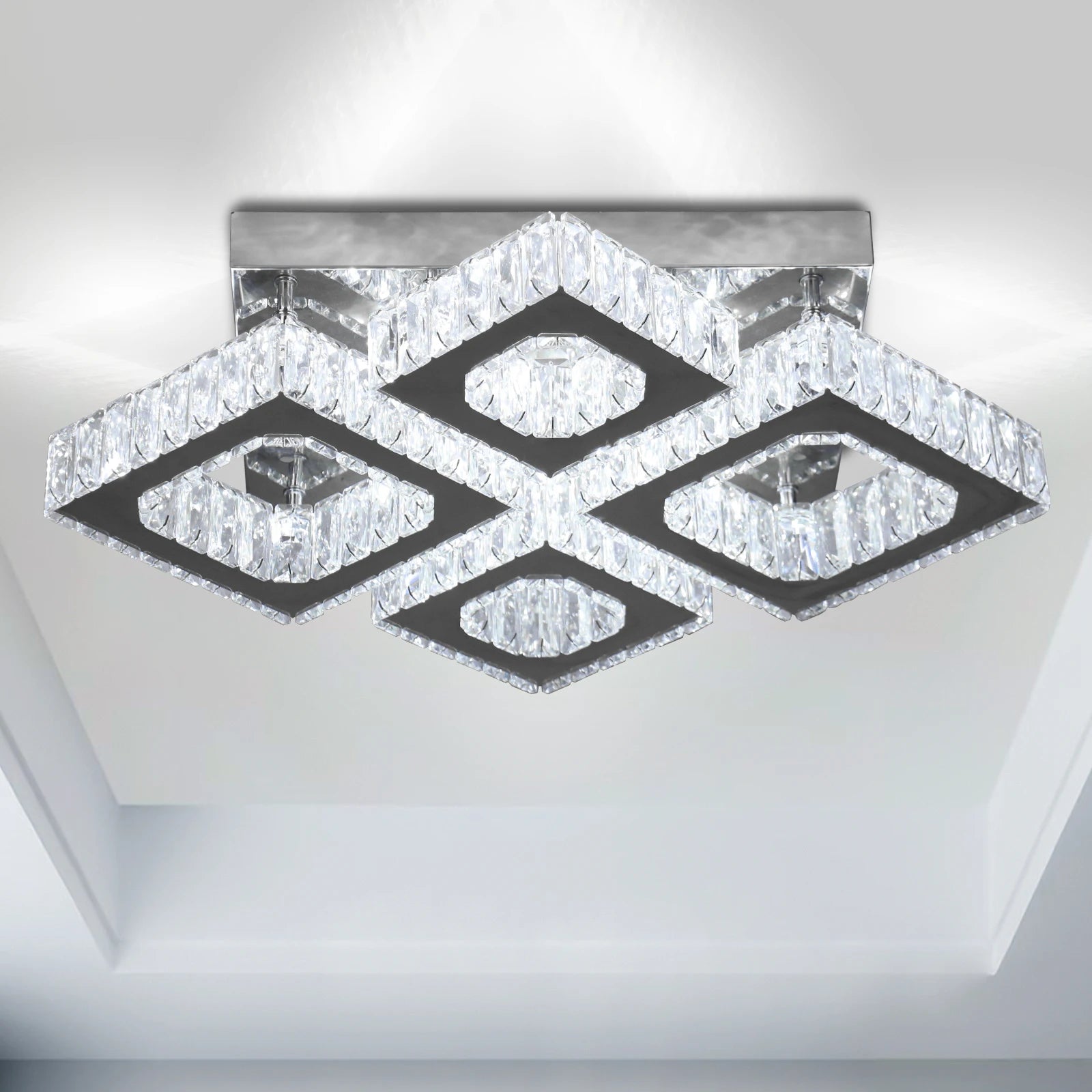 Modern Simple Crystal Ceiling Light Chandelier Stainless Steel Base with LED 6000K CCT for Bedroom and Living Room