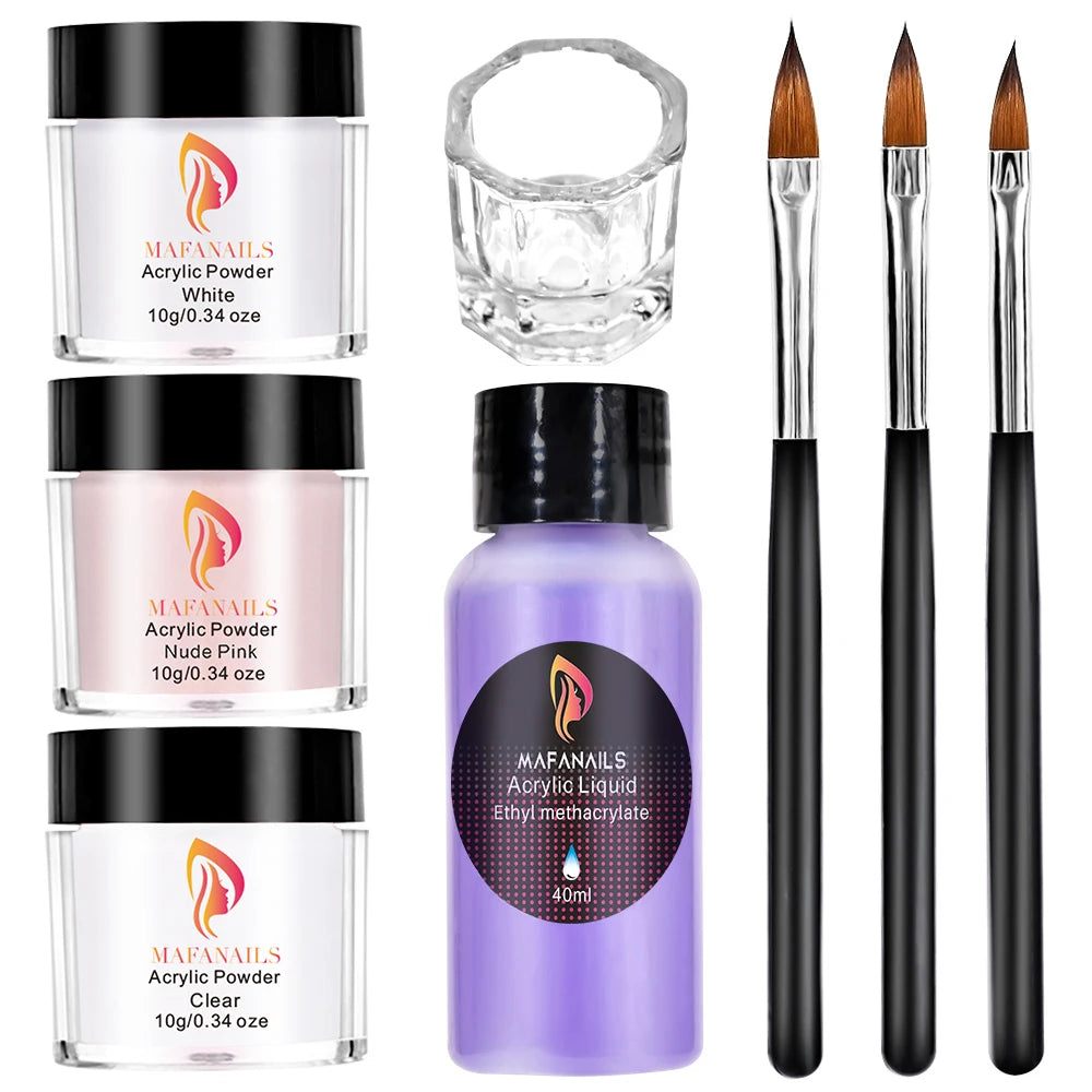 Acrylic Powder Monomer Liquid Set Kit with Nail Brush 3 Colors Nude Pink/Transparent/White Acrylic Powder for Nails Extension