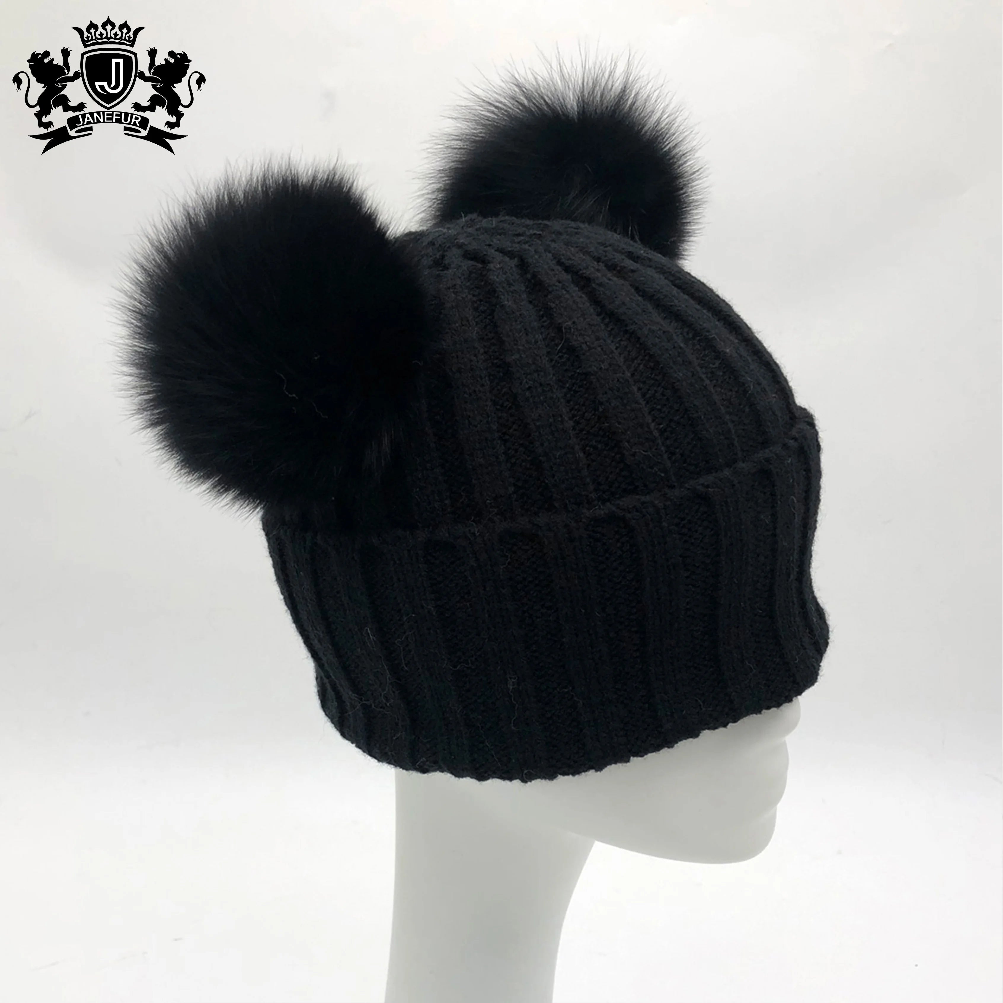 Wholesale Custom Labels Double Pom Pom Baby Toddler Children Winter Beanie Knitted Hats With Fur Pompom