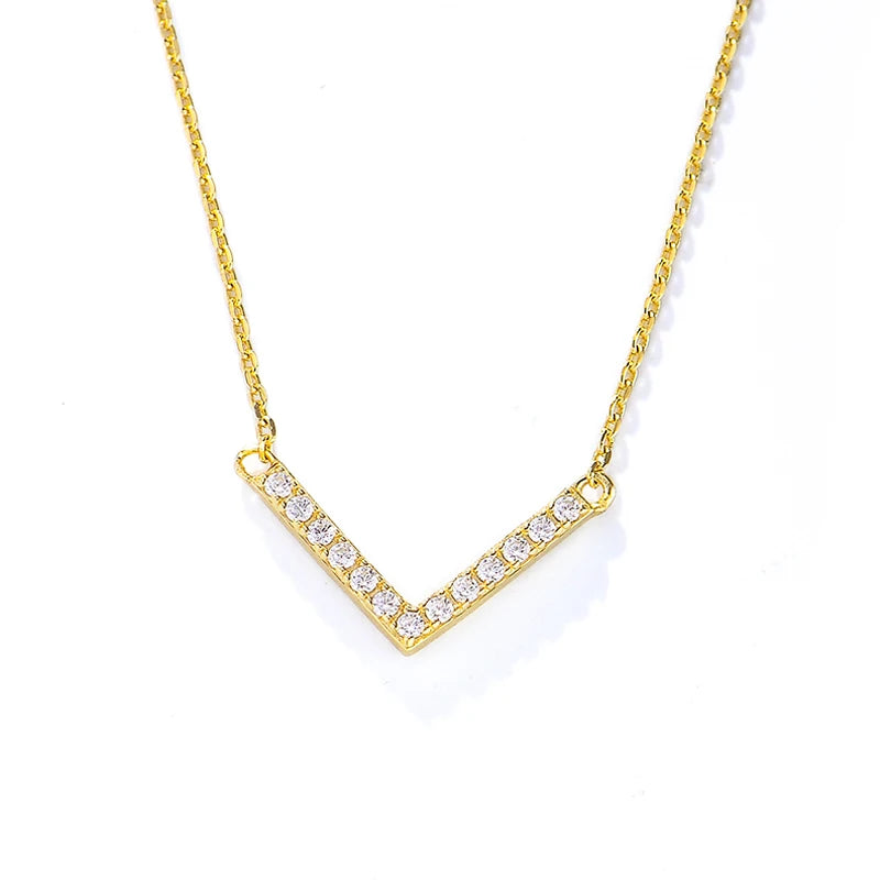 Simple Fashion Jewelry 925 Sterling Silver Full CZ Diamond V-Shaped Charm Necklace for Anniversary Gift