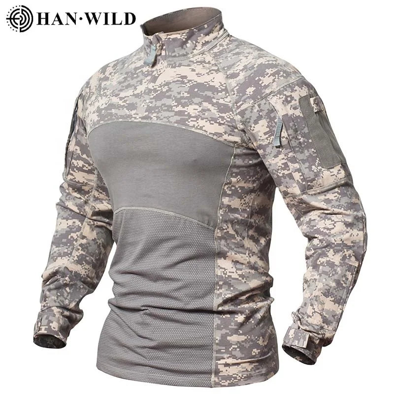 HanWild Men's Camouflage Printed Polyester/Cotton Long Sleeve Shirt-Quick Dry Breathable Smart Casual Stand Collar Custom Design