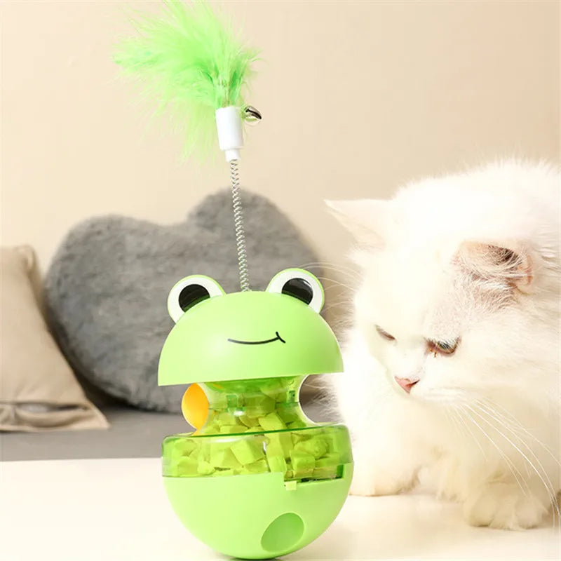 Pet Toys for Cats Turntable Ball Food Leaking Toys Interactive Frog Tumbler With Feather Teaser Cat Toys