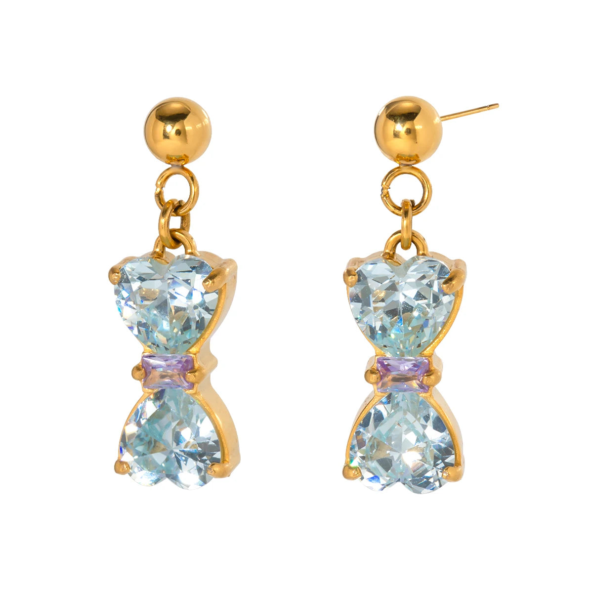 J&D Jewelry 18K Gold Plated Cubic Zirconia Stainless Steel Blue CZ Zircon Bowknot Drop Earring for Girls