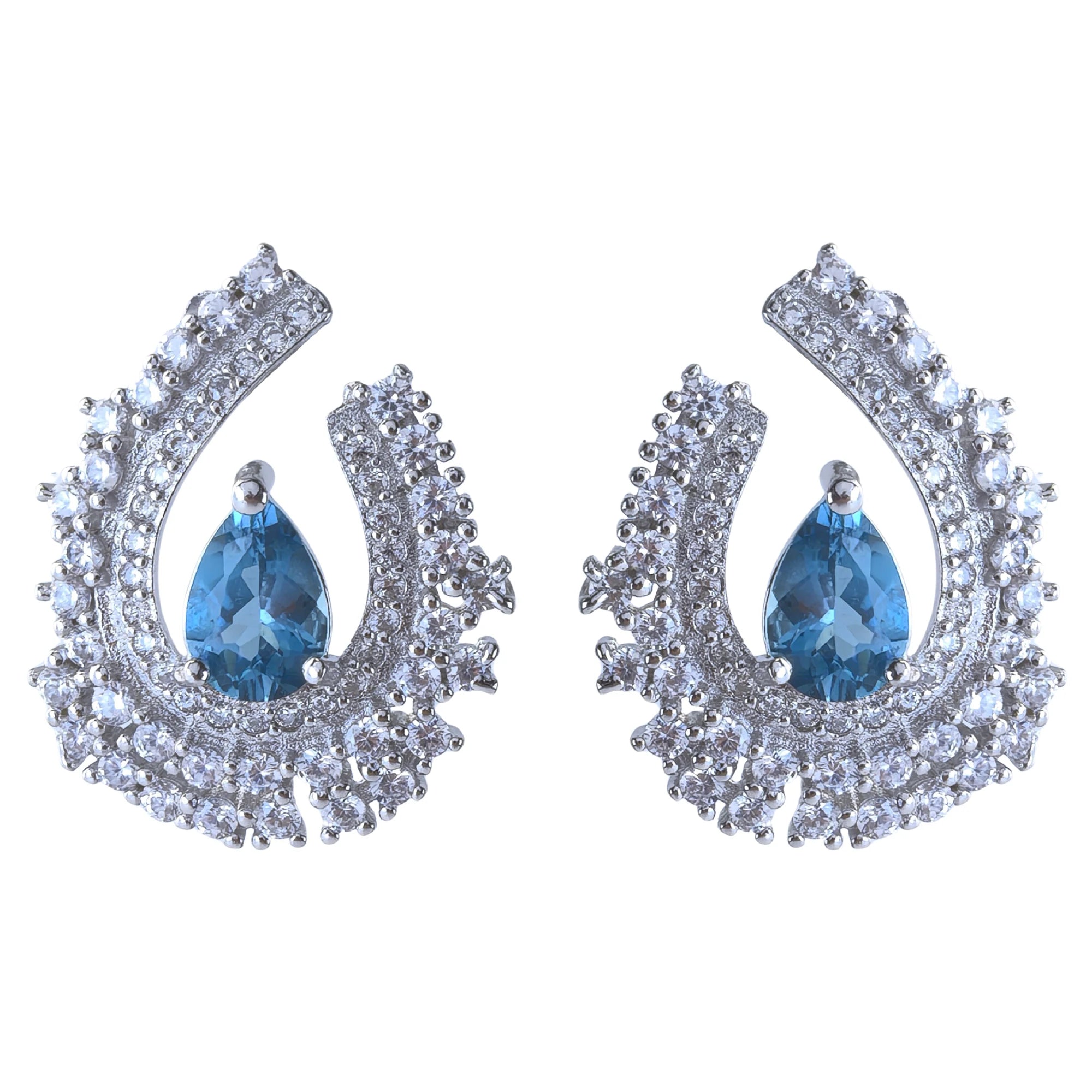 Graceful Rhodium Plated 925 Sterling Silver Pear Cut Natural London Blue Topaz Stud Earrings for Women Gift Party Wear