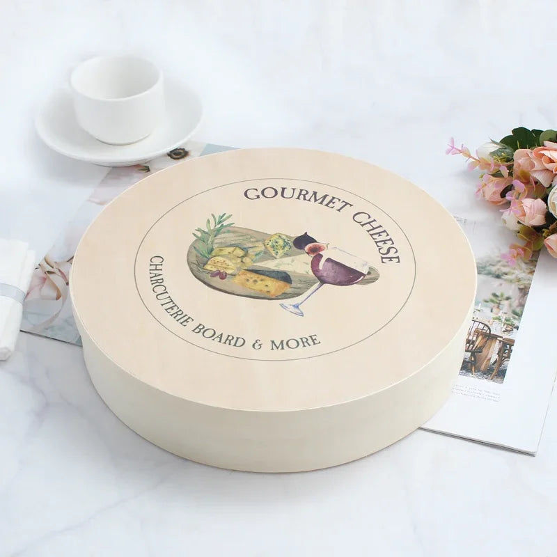 Multi-purpose Cheese Cake Snack Dessert Fruit Salad Grazing Charcuterie Wooden Round Box With Wooden Cover Christmas Gift Box