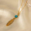 Vintage Gold Plated Feather Pendant Necklace for Ladies Stainless Steel Feather Turquoise Link Stylish Christian Inspired