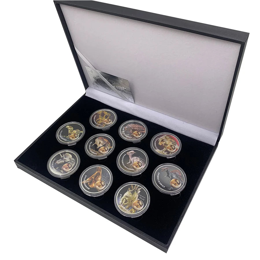 10pcs Tyrannosaurus Rex Commemorative Coins Jurassic World Dinosaur Spinosaurus Silver Plated Challenge Coins in Box Collection
