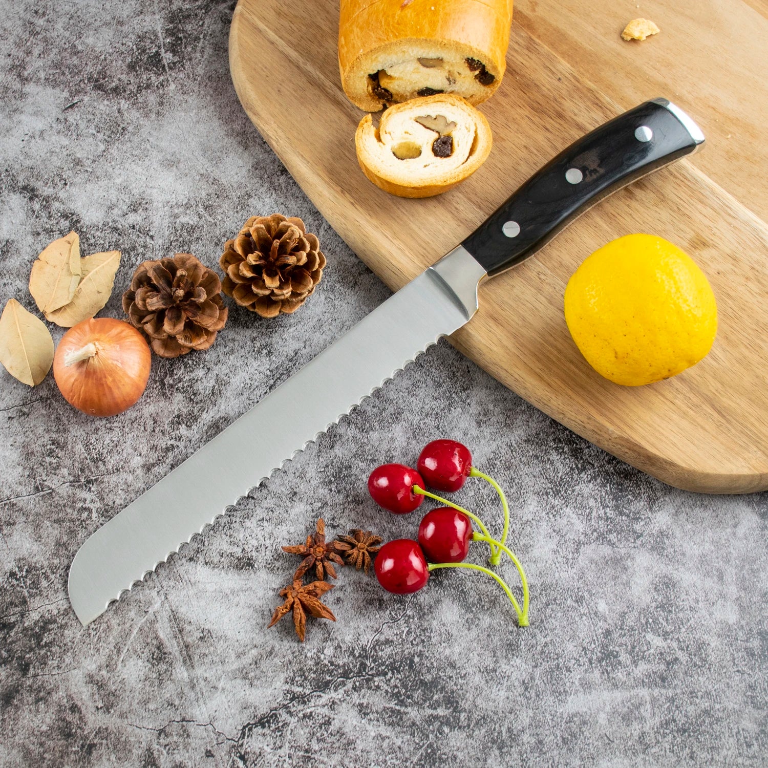 8 Inch 3Cr13 Stainless Steel Kitchen Bread Knife with Ergonomic Pakka Wood Handle Ambidextrous Design High-Polish Finish