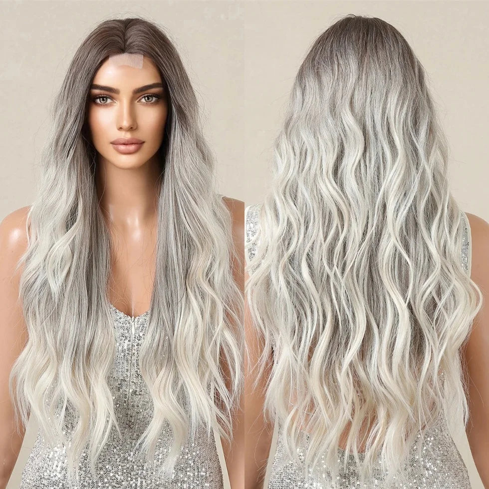 Front Lace Long Wavy Ombre Gray Brown Blonde Synthetic Lace Wigs Natural Hairline Lace Wigs for Women Daily Heat Resistant