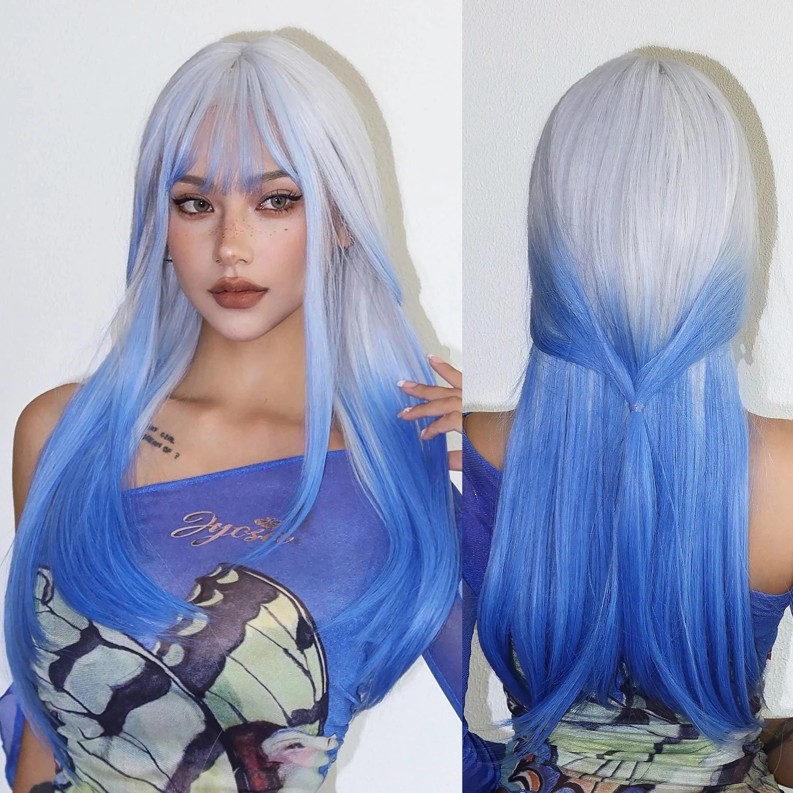 White Blue Ombre Long Synthetic Wigs With Bangs Colorful Cosplay Blue Straight Lolita Wig for Women Heat Resistant Natural Hair