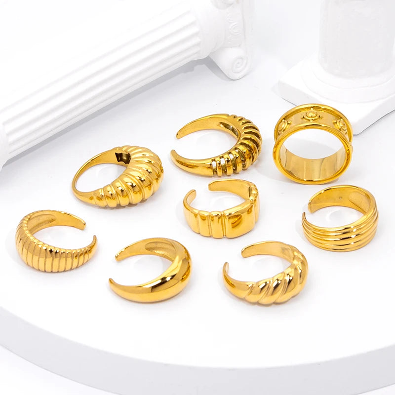 Classic Bohemian Women's Stainless Steel Moon Star Sun Ring Waterproof Gold Plated Jewelry for Wedding Engagement Party Gift