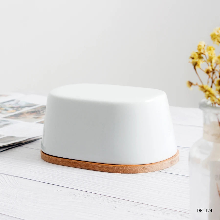 Porcelain Butter Dish Cake Cheese Keeper Ceramic Butter Container Ceramic Cover with Bamboo Bottom Plate