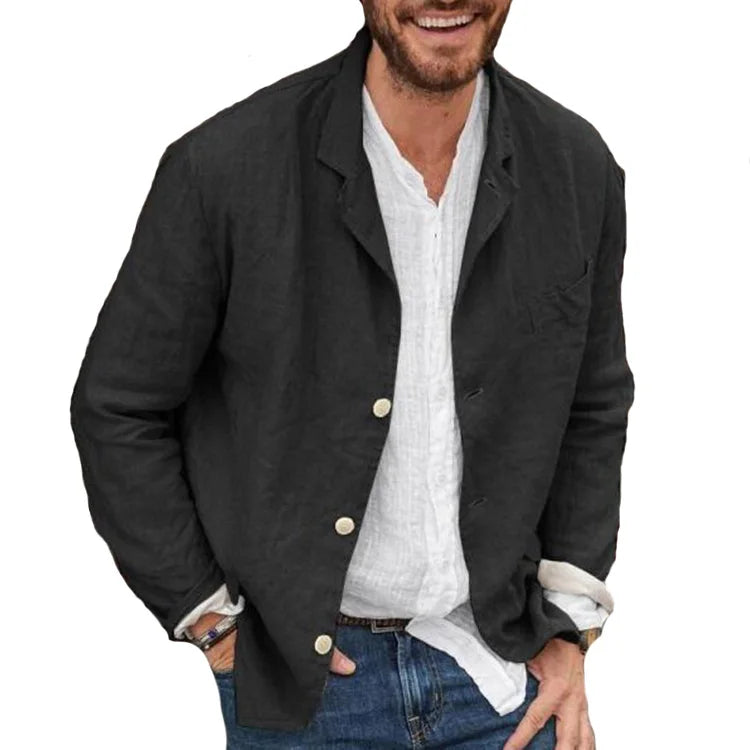 New Men's Blazer Jacket Spring Autumn Casual Loose Simple Pure Color Linen Button High-quality Long-sleeved Suits