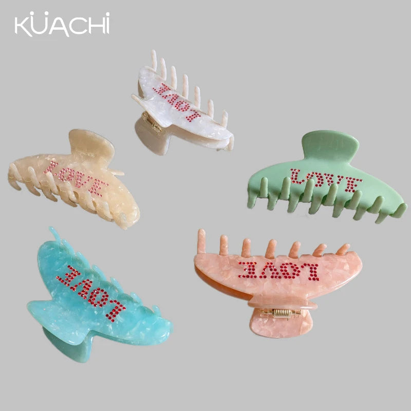 KUACHI Wholesale Custom Rhinestone Hair Claws Diy Designer Claw Clip Custom Logo Elegant Bridal Shiny Large Claw Clips