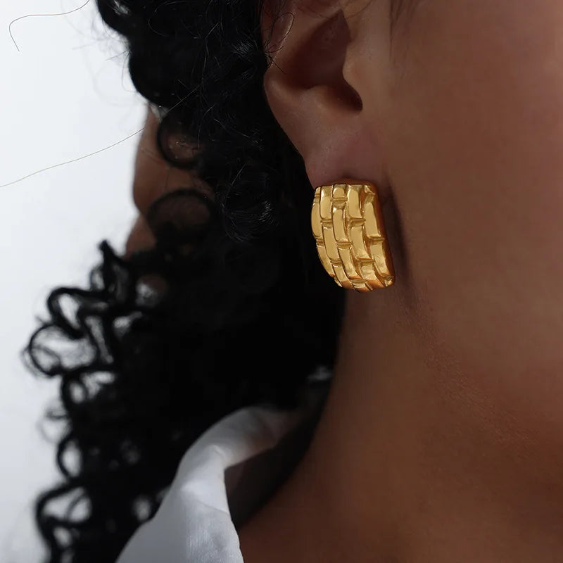 Stainless Steel Geometric Strap Texture Design Square Earrings 18k PVD Gold Plated Texture Earrings for Women