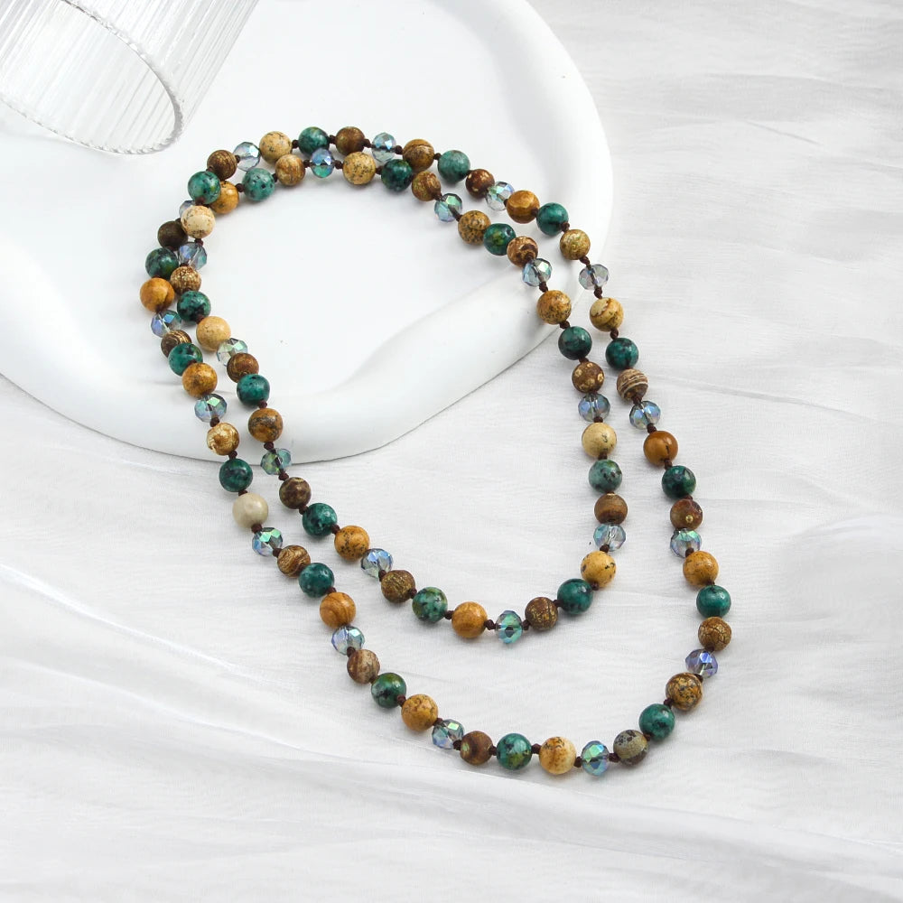 Fashion Bohemian Style 8mm Natural Stone Glass Beaded Knotted Necklace for Women  Jewelry Daily & Gift