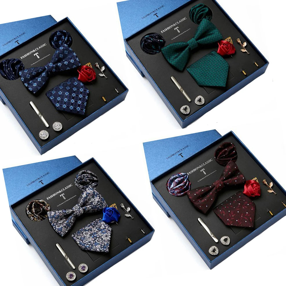 Men's Tie Set Gift Box With Necktie Bowtie Pocket Square Cufflinks Clip Brooches 8pc Suit for Wedding Party Business Tie for Men