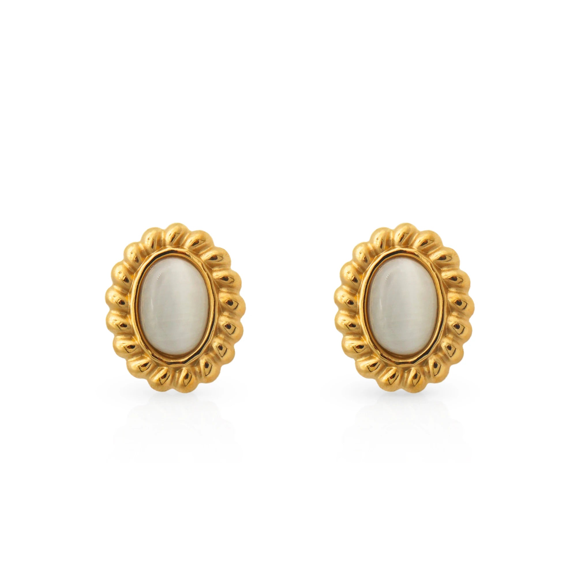Chris April 316L Stainless Steel PVD Plated Vintage White Cat's Eye Rope Oval Stud Earrings