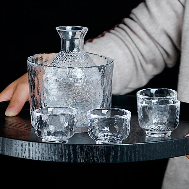 Reusable Business Gifts Glass Sake Wine Decanter Set with Ice Bucket Warmer Shot Glasses & Cups-Custom Japanese Hammer Design