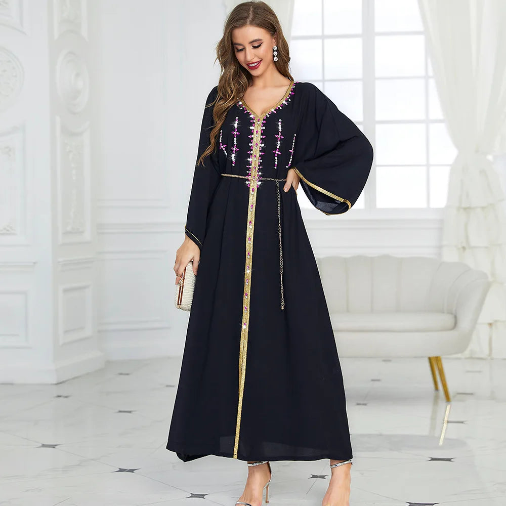 Orange 2022 Evening Bohemian Style Kaftan Dresses Travel Wear Pure Sweet Abaya Belt Chain Muslim Fashion Spandex Wide Long