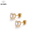 R.GEM. Simple Lovely Mini Cute Hypoallergenic Gold Plating Flat Back Screw Stainless Steel Stud Pearl Earring for Girl Woman
