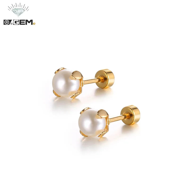 R.GEM. Simple Lovely Mini Cute Hypoallergenic Gold Plating Flat Back Screw Stainless Steel Stud Pearl Earring for Girl Woman