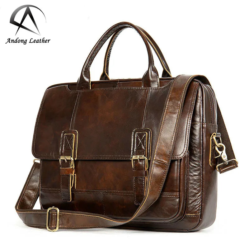 Andong Leather Laptop Briefcase for Men Genuine Cow Leather Document Office Sling Shoulder Bag Vintage Large Capacity Handbag