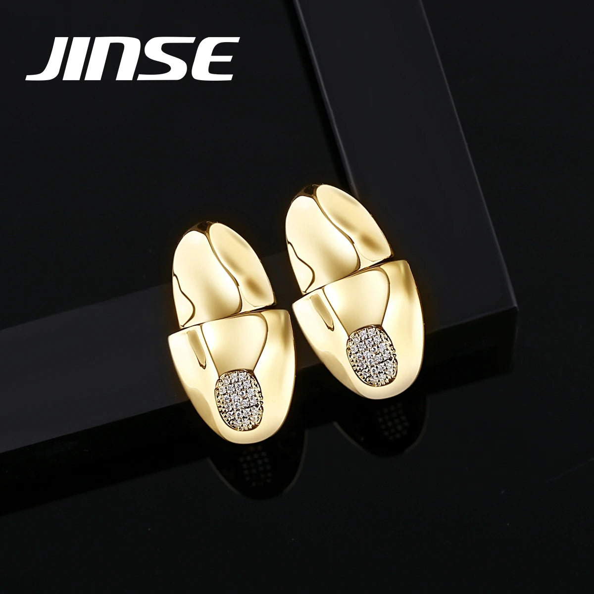 JINSE Top Oversized Gold Plated Hip Hop Jewelry Oval Shape Brass Metal Earing Jewellery Drop Cubic Fashion Large Earring