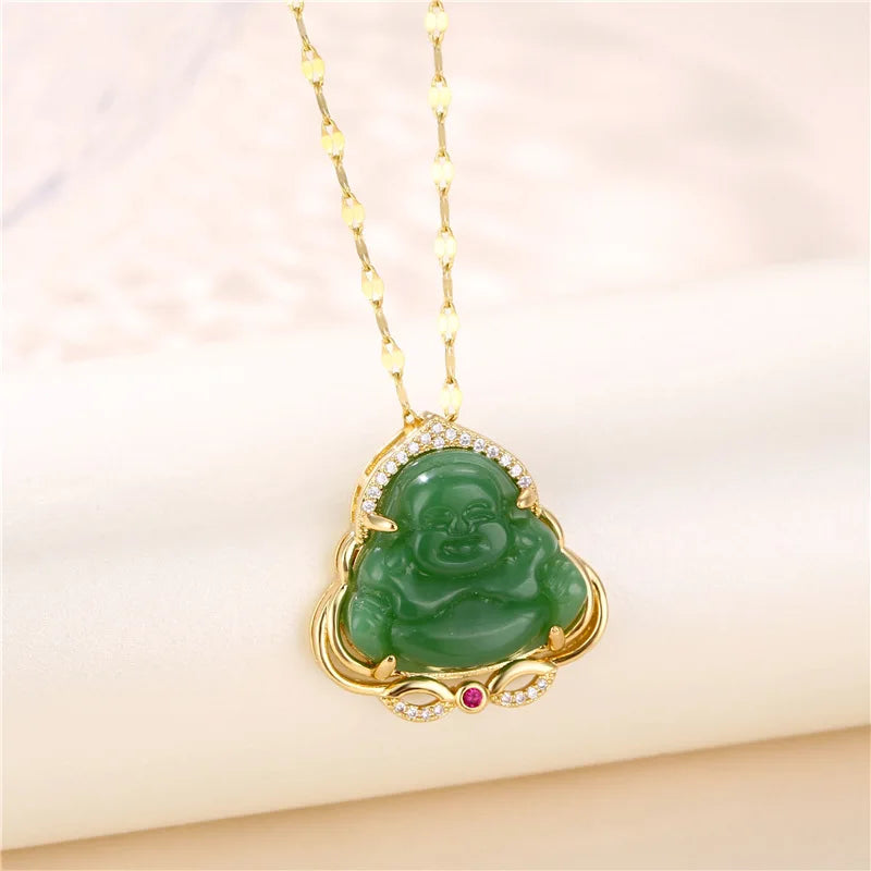 Exquisite Chalcedony Choker Necklace Ancient Gold Inlaid Zircon Maitreya Buddha Pendant Necklace for Women